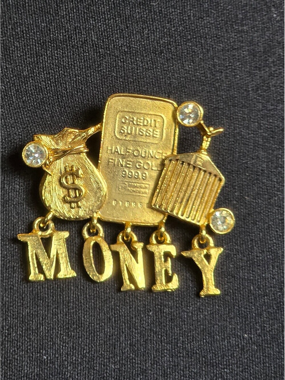 Vintage Novelty Credit Suisse Gold Bar & Money Bag Dangle Brooch